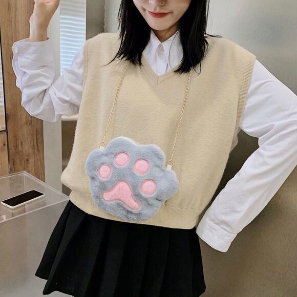 🆕Gray Faux Fur Cat Paw Crossbody Bag Purse - Picture 2 of 6